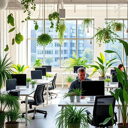 Dynamischer Co-Working Space mit flexiblen Arbeitsplätzen und Pflanzen
