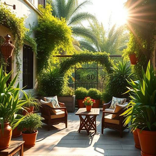 Grüne Terrasse mit Sitzgelegenheiten und Pflanzen