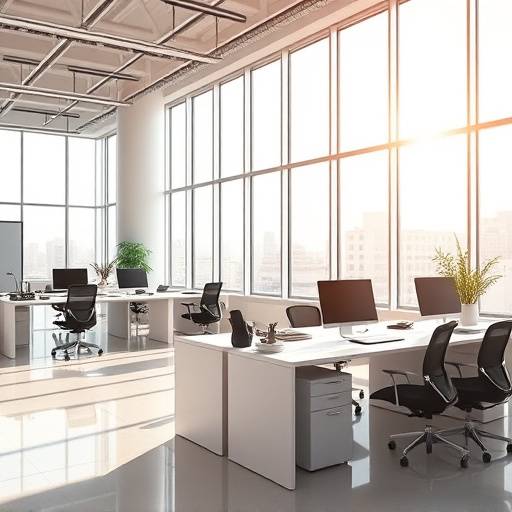 Helles, modernes Büro mit großen Fenstern und Schreibtischen